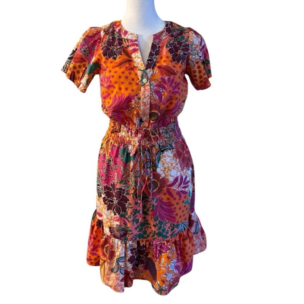 LOFT Petites Floral Patchwork Dress XS Boho Print Smocked Waist Ruffle Hem